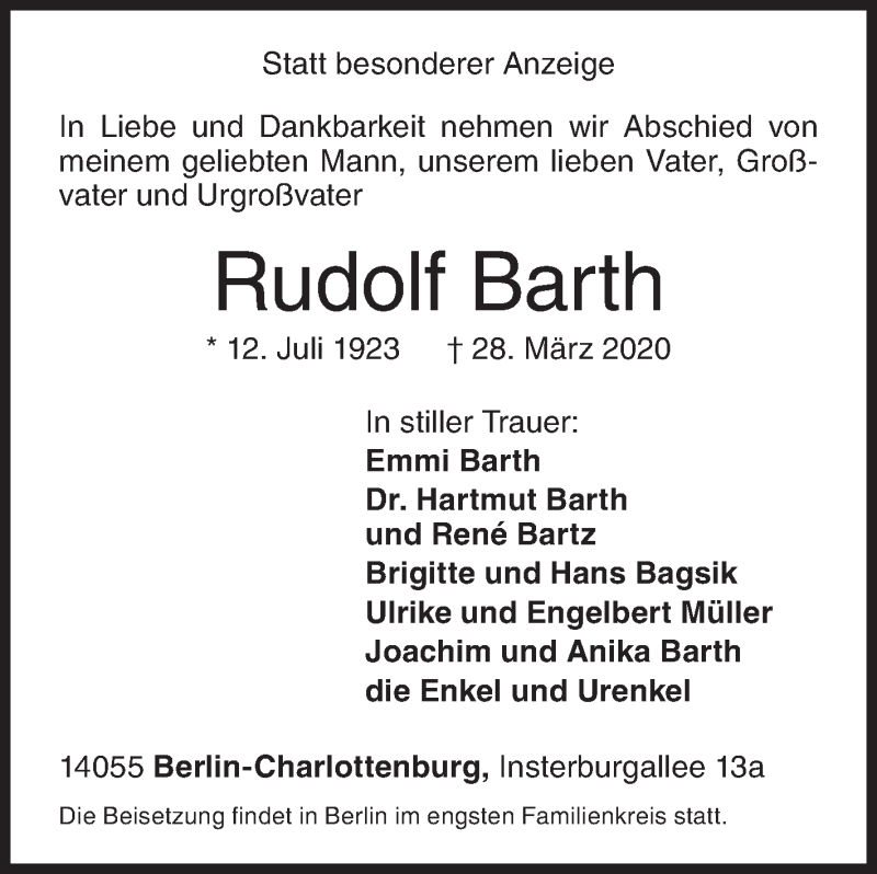  Traueranzeige für Rudolf Barth vom 04.04.2020 aus Siegener Zeitung