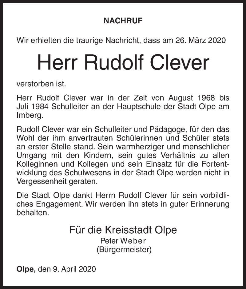  Traueranzeige für Rudolf Clever vom 09.04.2020 aus Siegener Zeitung