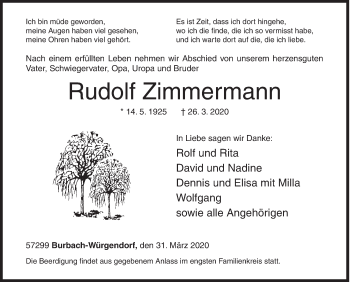 Traueranzeige von Rudolf Zimmermann von Siegener Zeitung