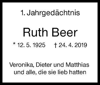 Traueranzeige von Ruth Beer von Siegener Zeitung