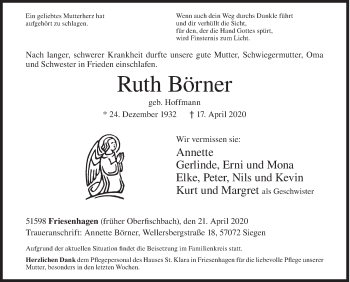 Traueranzeige von Ruth Börner von Siegener Zeitung
