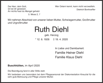 Traueranzeige von Ruth Diehl von Siegener Zeitung