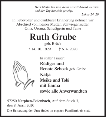 Traueranzeige von Ruth Grube von Siegener Zeitung