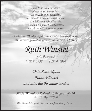 Traueranzeige von Ruth Winstel von Siegener Zeitung