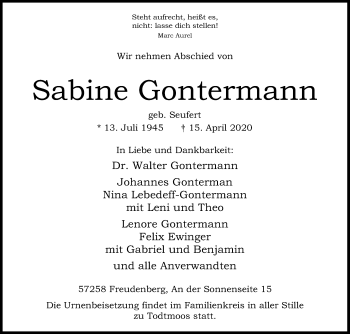 Traueranzeige von Sabine Gontermann von Siegener Zeitung