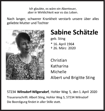 Traueranzeige von Sabine Schätzle von Siegener Zeitung