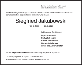 Traueranzeige von Siegfried Jakubowski von Siegener Zeitung