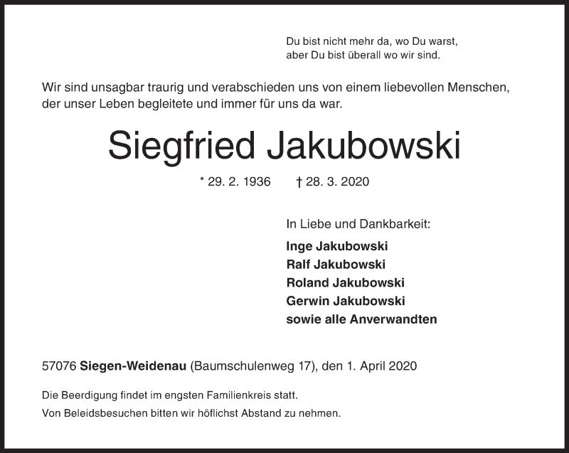  Traueranzeige für Siegfried Jakubowski vom 01.04.2020 aus Siegener Zeitung