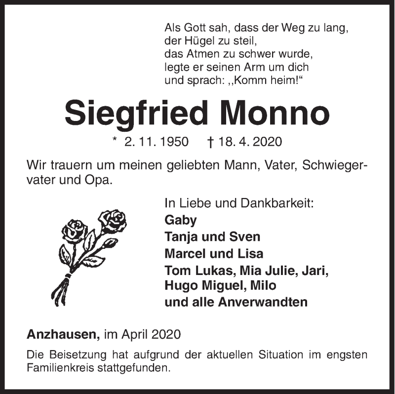  Traueranzeige für Siegfried Monno vom 29.04.2020 aus Siegener Zeitung