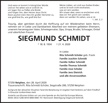Traueranzeige von Siegmund Schmidt von Siegener Zeitung
