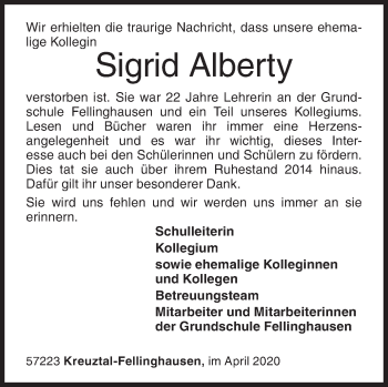Traueranzeige von Sigrid Alberty von Siegener Zeitung