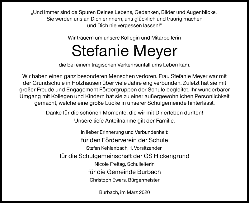  Traueranzeige für Stefanie Meyer vom 31.03.2020 aus Siegener Zeitung