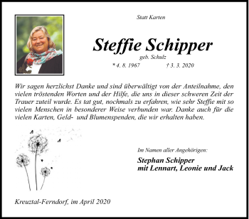 Traueranzeige von Steffie Schipper von Siegener Zeitung