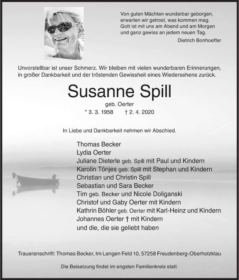  Traueranzeige für Susanne Spill vom 20.04.2020 aus Siegener Zeitung
