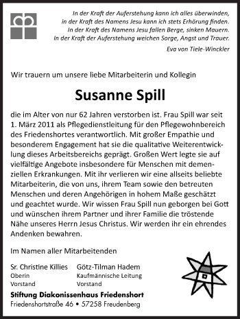 Traueranzeige von Susanne Spill von Siegener Zeitung
