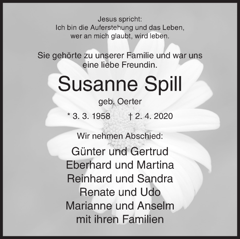  Traueranzeige für Susanne Spill vom 20.04.2020 aus Siegener Zeitung