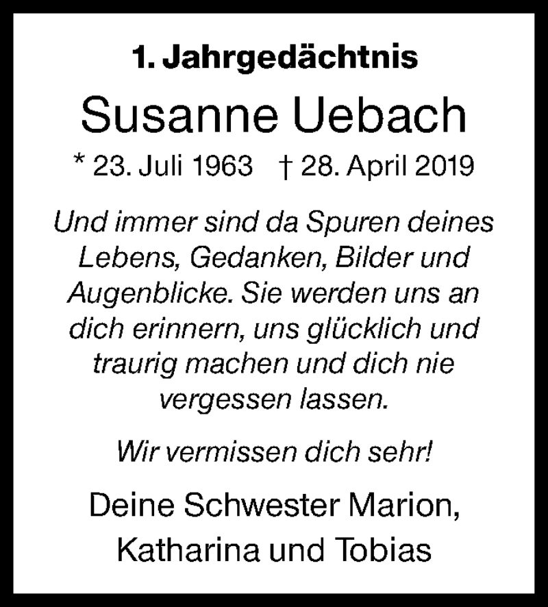  Traueranzeige für Susanne Uebach vom 28.04.2020 aus Siegener Zeitung