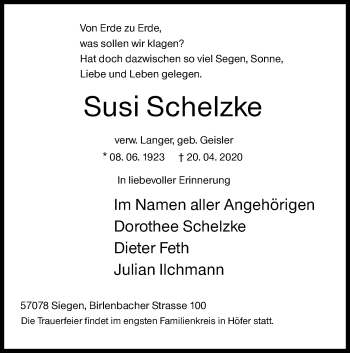 Traueranzeige von Susi Schelzke von Siegener Zeitung