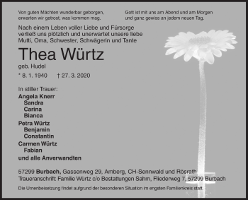 Traueranzeige von Thea Würtz von Siegener Zeitung