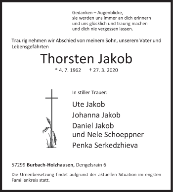 Traueranzeige von Thorsten Jakob von Siegener Zeitung