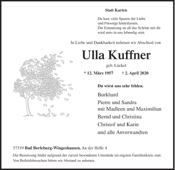 Traueranzeige von Ulla Kuffner von Siegener Zeitung