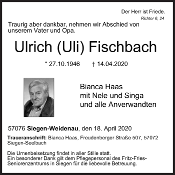 Traueranzeige von Ulrich Fischbach von Siegener Zeitung