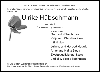 Traueranzeige von Ulrike Hübschmann von Siegener Zeitung