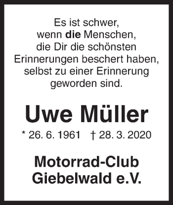 Traueranzeige von Uwe Müller von Siegener Zeitung