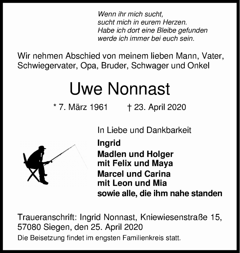  Traueranzeige für Uwe Nonnast vom 25.04.2020 aus Siegener Zeitung