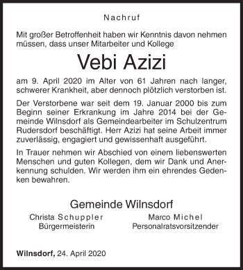 Traueranzeige von Vebi Azizi von Siegener Zeitung