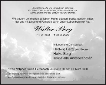 Traueranzeige von Walter Berg von Siegener Zeitung