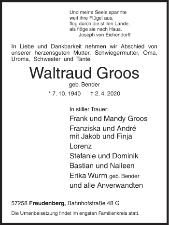 Traueranzeige von Waltraud Groos von Siegener Zeitung