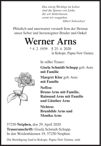 Traueranzeige von Werner Arns von Siegener Zeitung