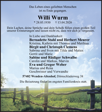 Traueranzeige von Willi Wurm von Siegener Zeitung