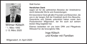 Traueranzeige von Wilmar Kölsch von Siegener Zeitung