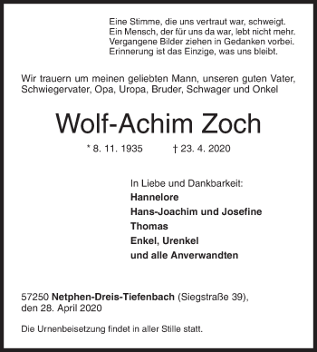 Traueranzeige von Wolf-Achim Zoch von Siegener Zeitung