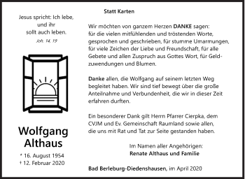 Traueranzeige von Wolfgang Althaus von Siegener Zeitung
