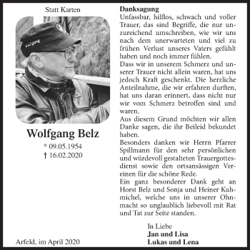 Traueranzeige von Wolfgang Belz von Siegener Zeitung