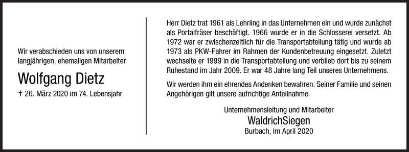  Traueranzeige für Wolfgang Dietz vom 08.04.2020 aus Siegener Zeitung