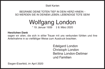Traueranzeige von Wolfgang London von Siegener Zeitung