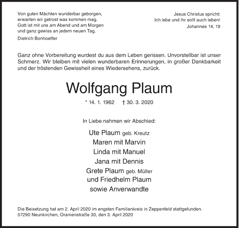  Traueranzeige für Wolfgang Plaum vom 03.04.2020 aus Siegener Zeitung