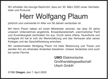 Traueranzeige von Wolfgang Plaum von Siegener Zeitung