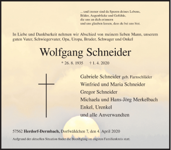 Traueranzeige von Wolfgang Schneider von Siegener Zeitung