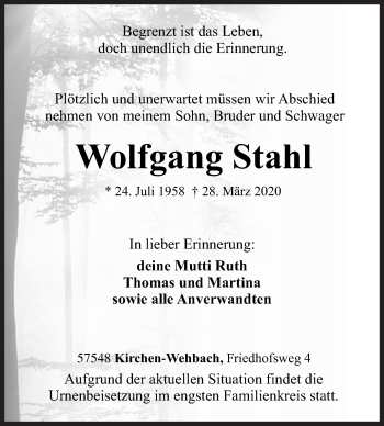 Traueranzeige von Wolfgang Stahl von Siegener Zeitung
