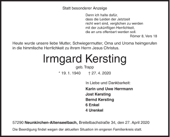 Traueranzeige von lrmgard Kersting von Siegener Zeitung