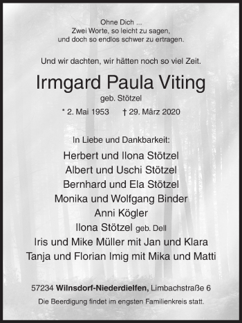 Traueranzeige von lrmgard Paula Viting von Siegener Zeitung