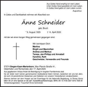 Traueranzeige von Änne Schneider von Siegener Zeitung