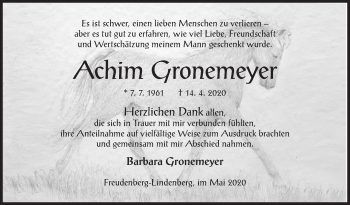 Traueranzeige von Achim Gronemeyer von Siegener Zeitung