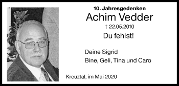 Traueranzeige von Achim Vedder von Siegener Zeitung
