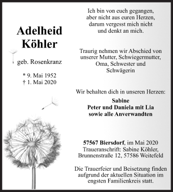 Traueranzeige von Adelheid Köhler von Siegener Zeitung